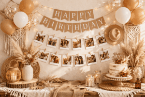 Boho chic Geburtstagsparty Dekor mit Fotos