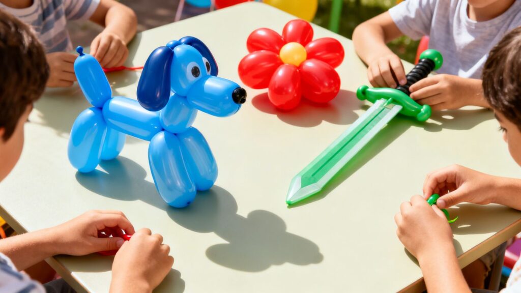 Bunte Ballontiere Anleitung und Kinderhände beim Formen am Tisch.