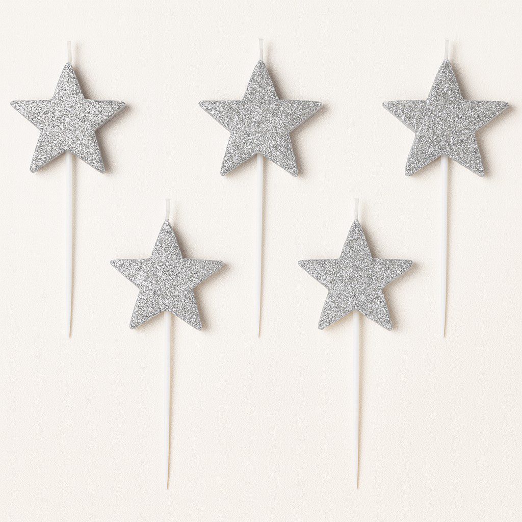 kuchenkerzen glitzersterne silber 5 stueck ballonwerk