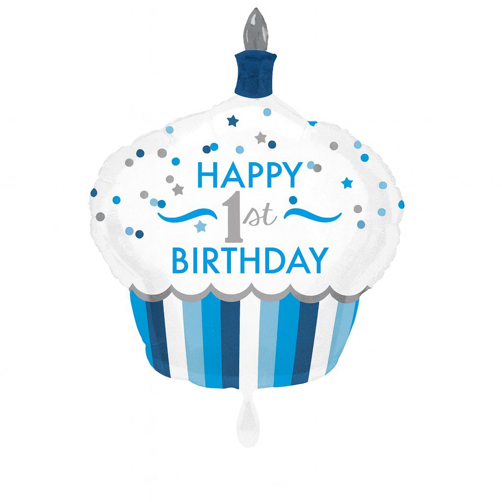 muffin happy 1st birthday 91cm ballon blau weiss holographisch ballonwerk