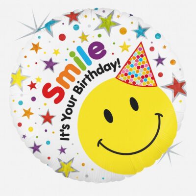 smiley happy birthday ballon holographisch 43cm deko ballonwerk